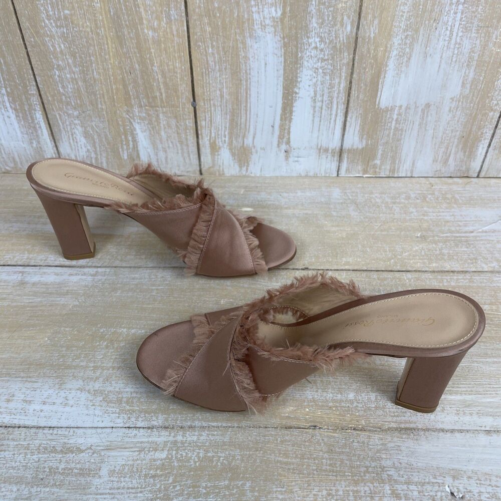 Gianvito Rossi Sandals Crossover Frayed Edges Chunky Heel Satin Pink 37½ Italy - Picture 8 of 13
